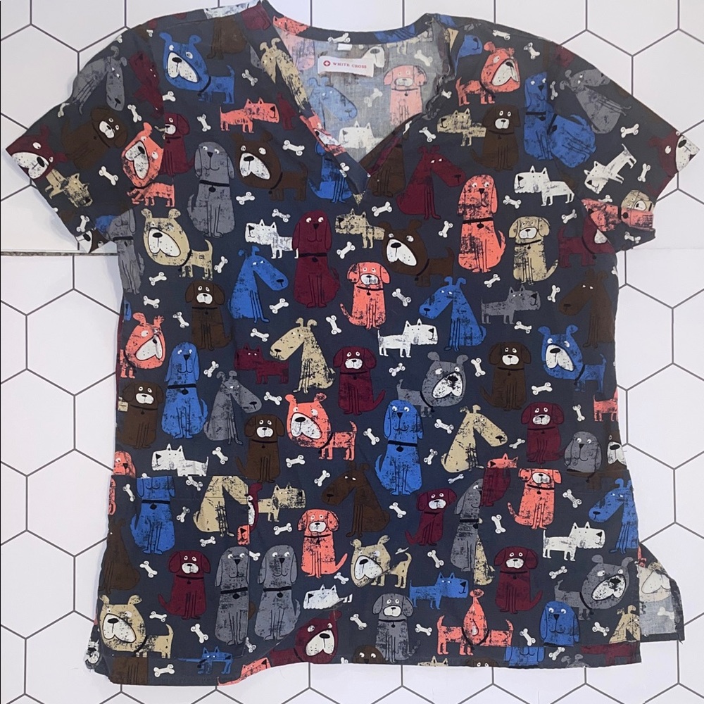White Cross Dog Print Scrub Top